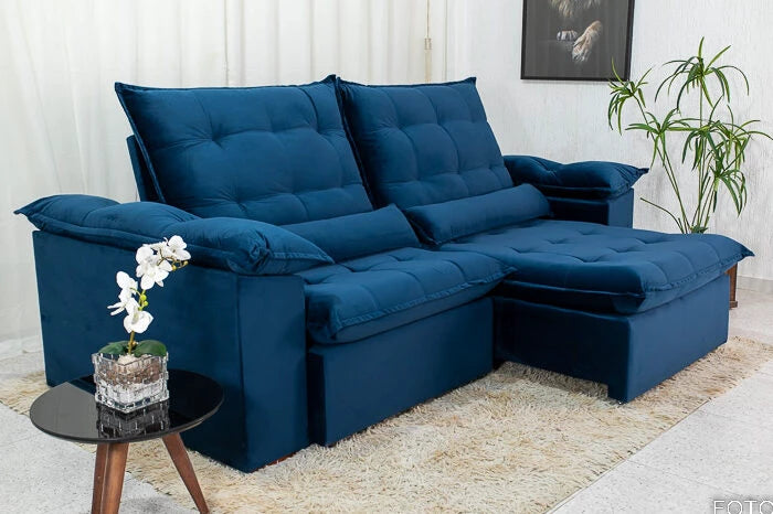 Sofá Retrátil Reclinável 2.00m Emanuelly Veludo Azul - Móveis furniture