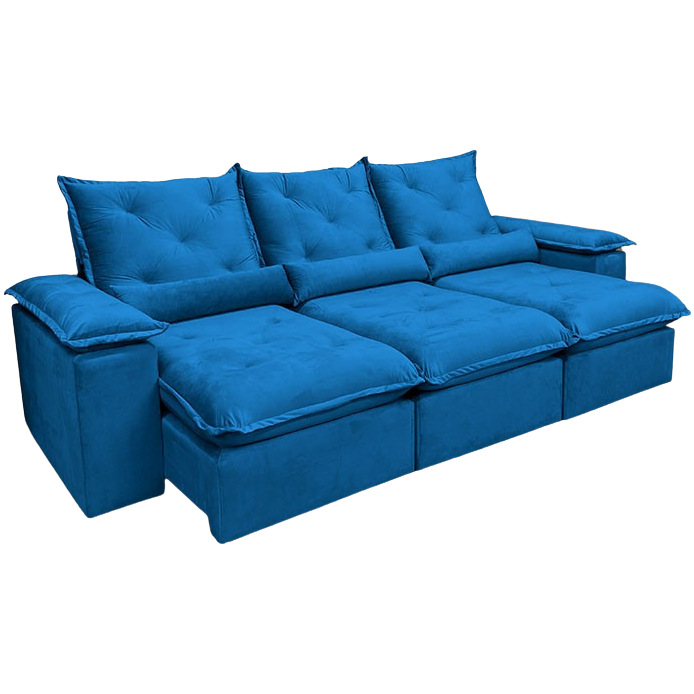 Sofá Retrátil e Reclinável Brasão 2,70 m Veludo Azul – MD ESTOFADOS