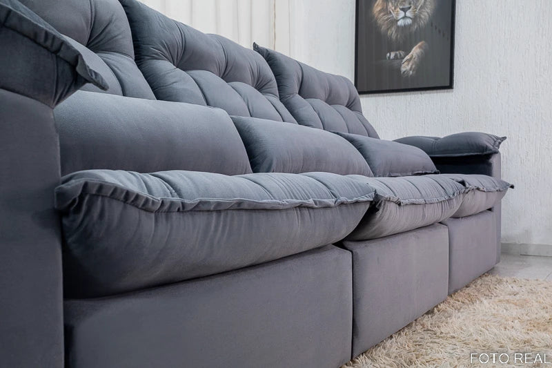 Sofá Retrátil Reclinável Kapri 3.20 Veludo Cinza 533 Molas Bonnel e Poliéster Siliconado - Móveis furniture