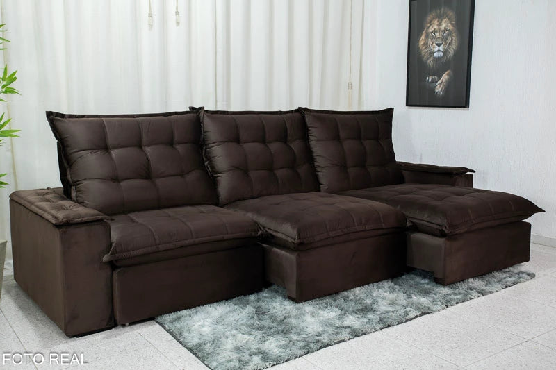 Sofá Retrátil Reclinável Atenas 3.20m Veludo Marrom 815 D33 e Molas Ensacadas