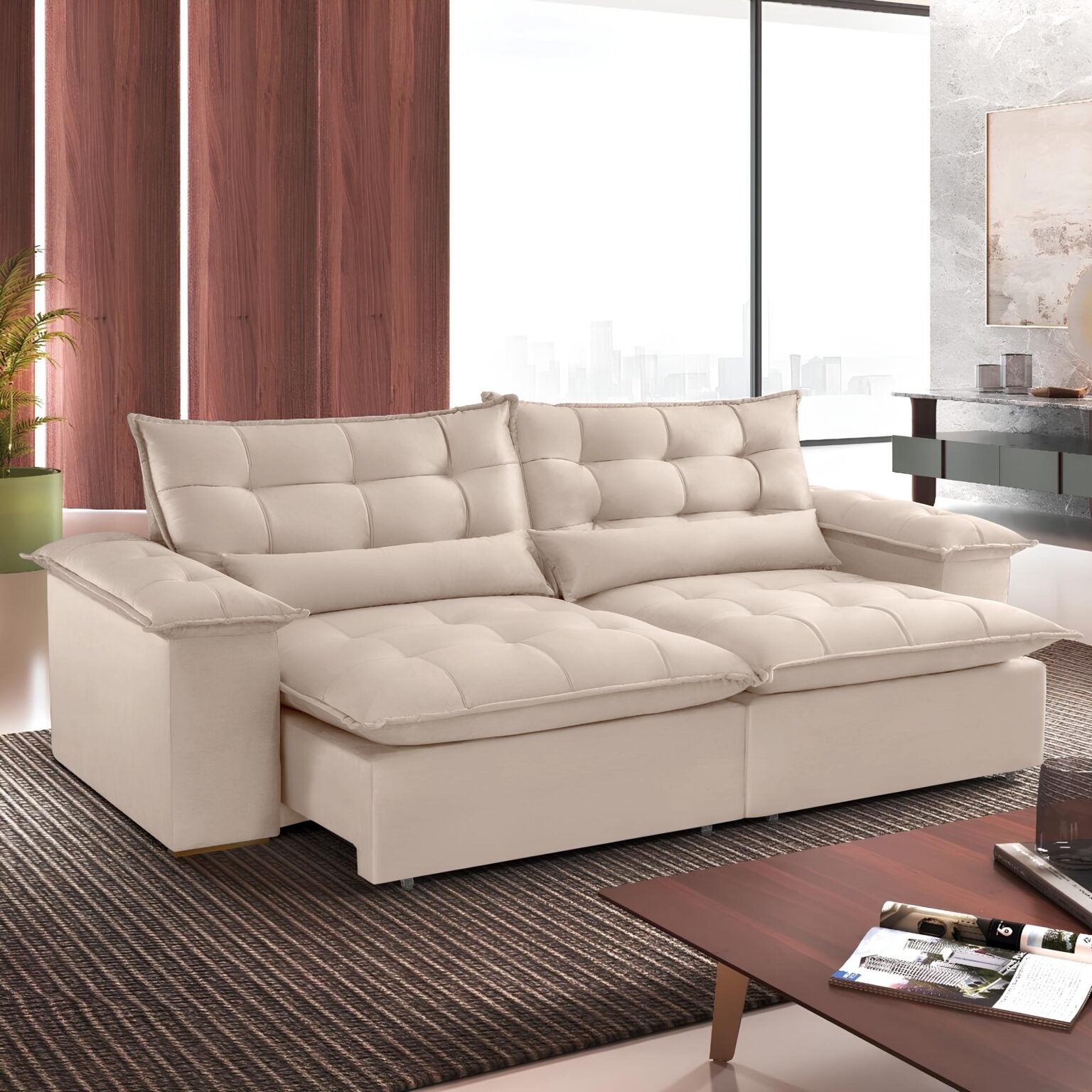 Sofá Retrátil e Reclinável Niger 2,50 m Veludo Marfim B015 – TREVO ESTOFADOS