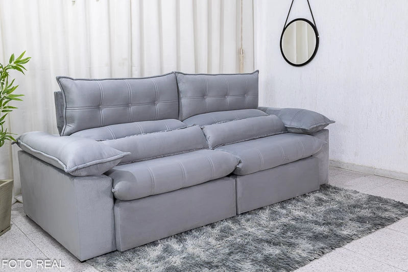 Sofá Retrátil Reclinável 2.50m Lenon Veludo Prata - D28 Soft e Molas Ensacadas - Móveis furniture