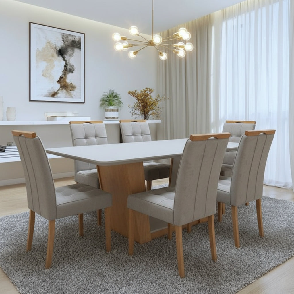 Mesa Apogeu (Tampo Maxi) 170 Amêndoa Clean/Off White com 6 Cadeiras Sophia Veludo Bege – LOPAS + WM DECOR