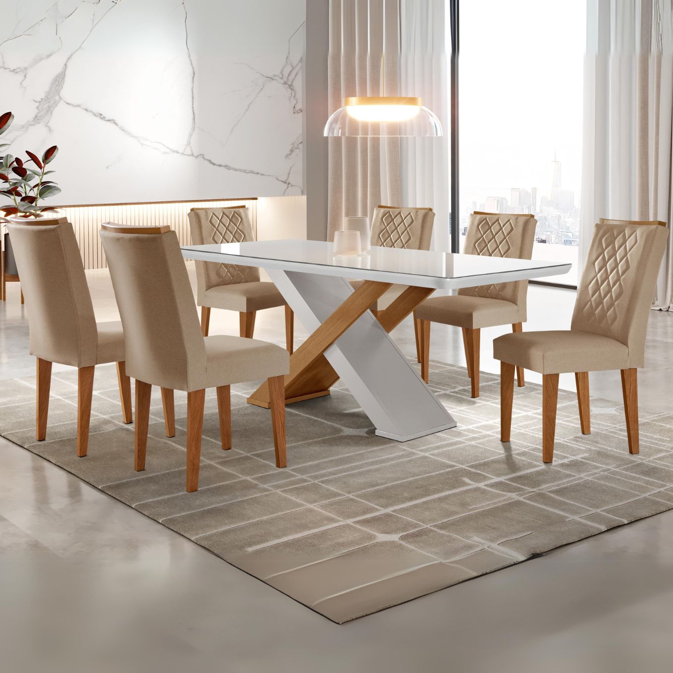 Mesa Imperatriz 180 Canto Copo Imbuia/Off White com 6 Cadeiras Jade Linho Turim 07 – RUFATO - Móveis furniture