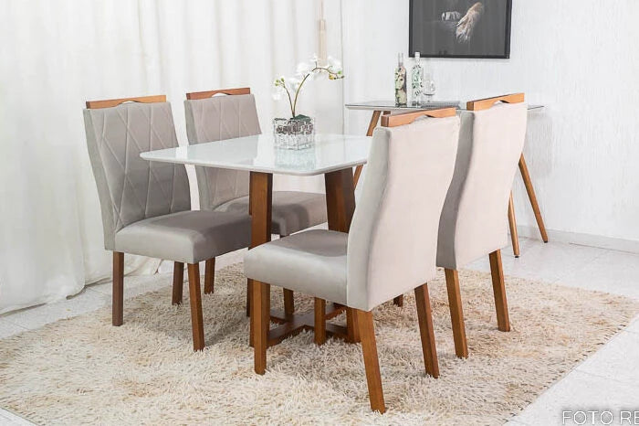 Mesa de Jantar Pedro Mel Tampo Vidro Off 90×90 4 Cadeiras Lisboa Veludo Bege - Móveis furniture