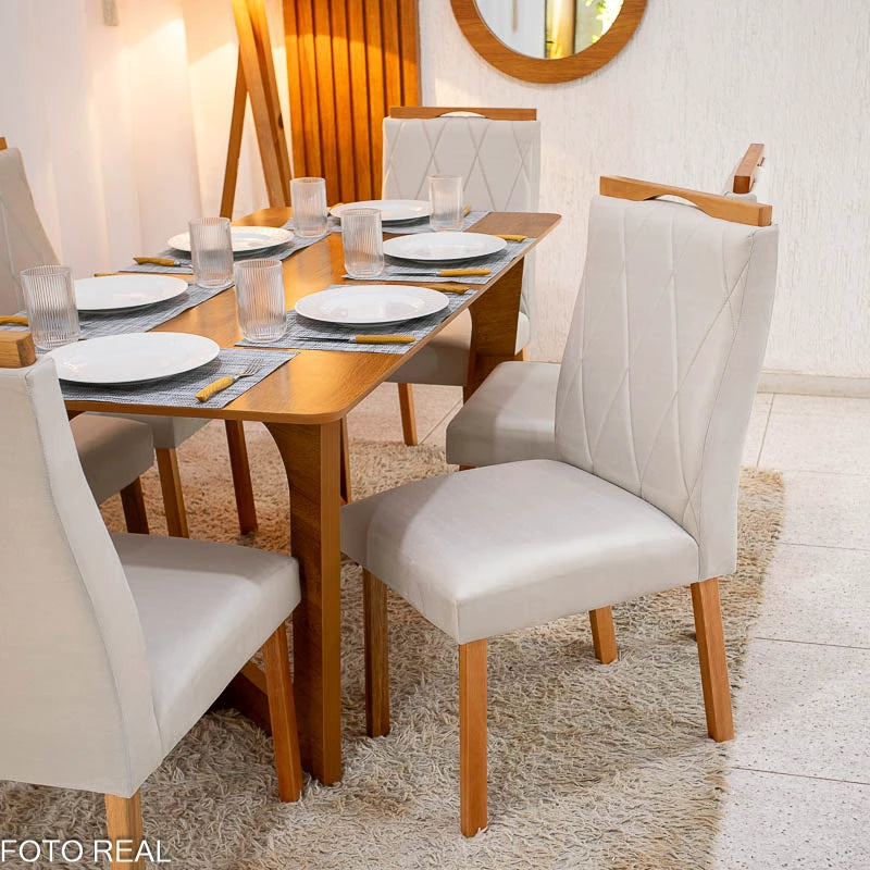 Mesa de Jantar Dubai Tampo Londres Cinamomo 160x80 6 Cadeiras Lisboa Veludo Bege 512 Madeira Maciça