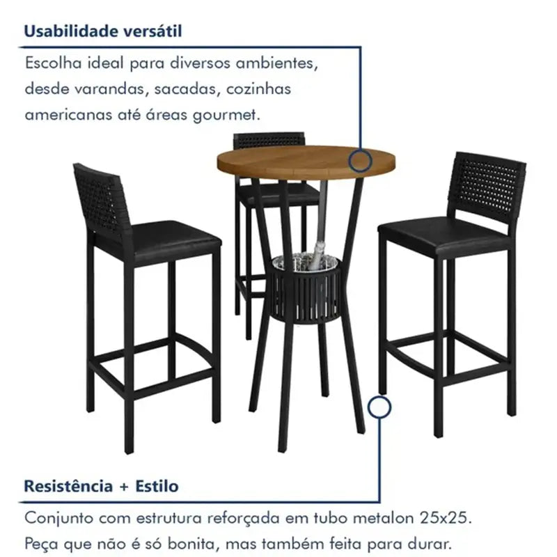 Mesa Bistro Bar com 3 Banquetas Madri e Cooler em Corda Náutica Paonanda