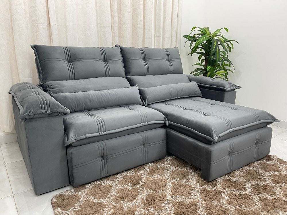 Sofá Retrátil Reclinável Barra Bonita 2.30m – Cinza Veludo - Móveis furniture