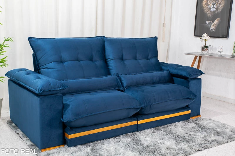 Sofá Retrátil Reclinável Ibis 2.30m Veludo Azul 800 - D33 e Molas Ensacadas - Móveis furniture