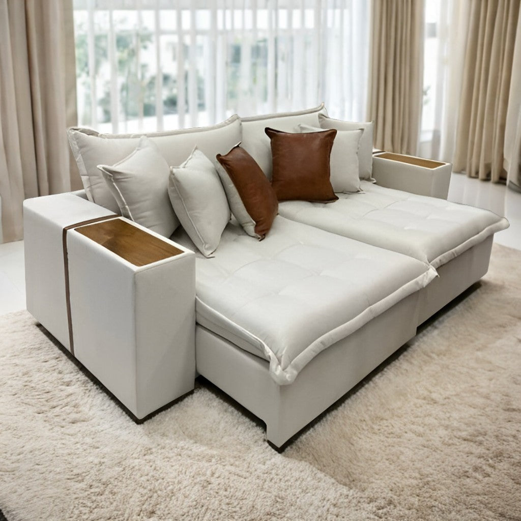 Sofá Cama Tebas 2,52 m Linho Marfim 12/Corino Dallas 07 – INNOVE ESTOFADOS