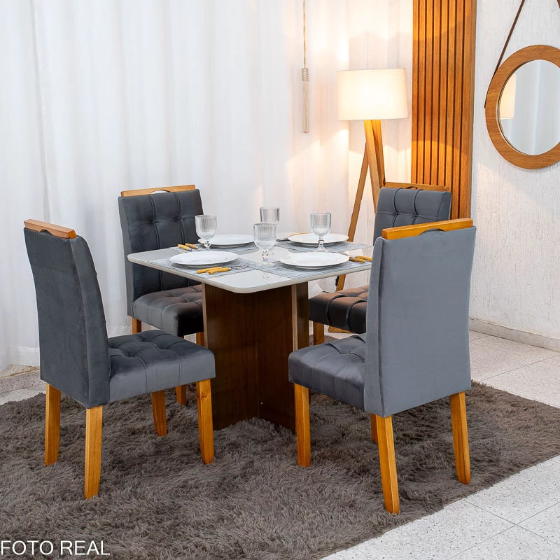 Mesa de Jantar Moscou 90x90 Cinamomo/Off Tampo Vidro Off 4 Cadeiras Londres Veludo Chumbo Madeira Maciça Minas Plac -