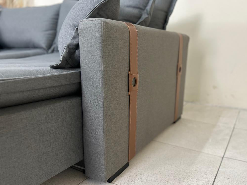 Sofá Cama Retrátil Reclinável Esparta 2.20m – Grafite Linho / Marrom Courino - Móveis furniture