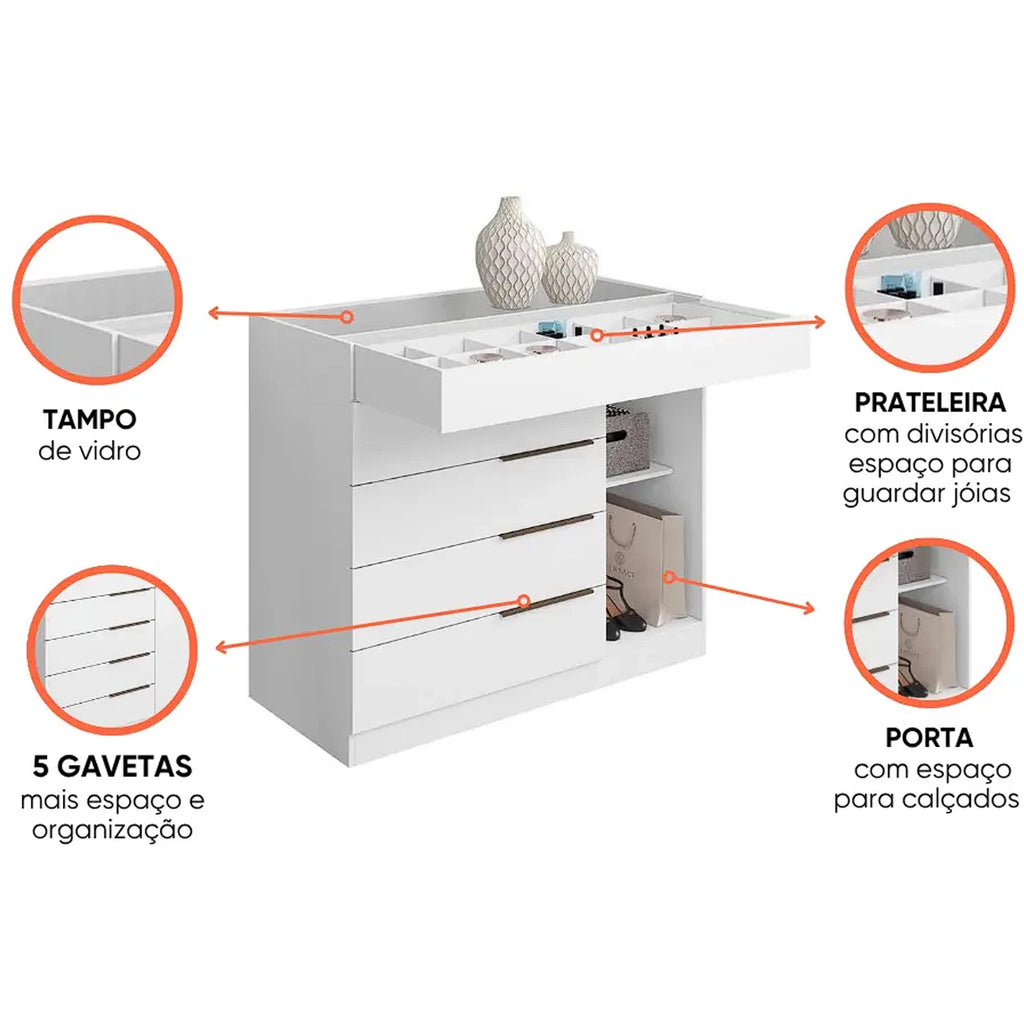 Cômoda Sapateira Arv Sevilha com Porta Joias 1 Porta e 5 Gavetas Aramoveis
