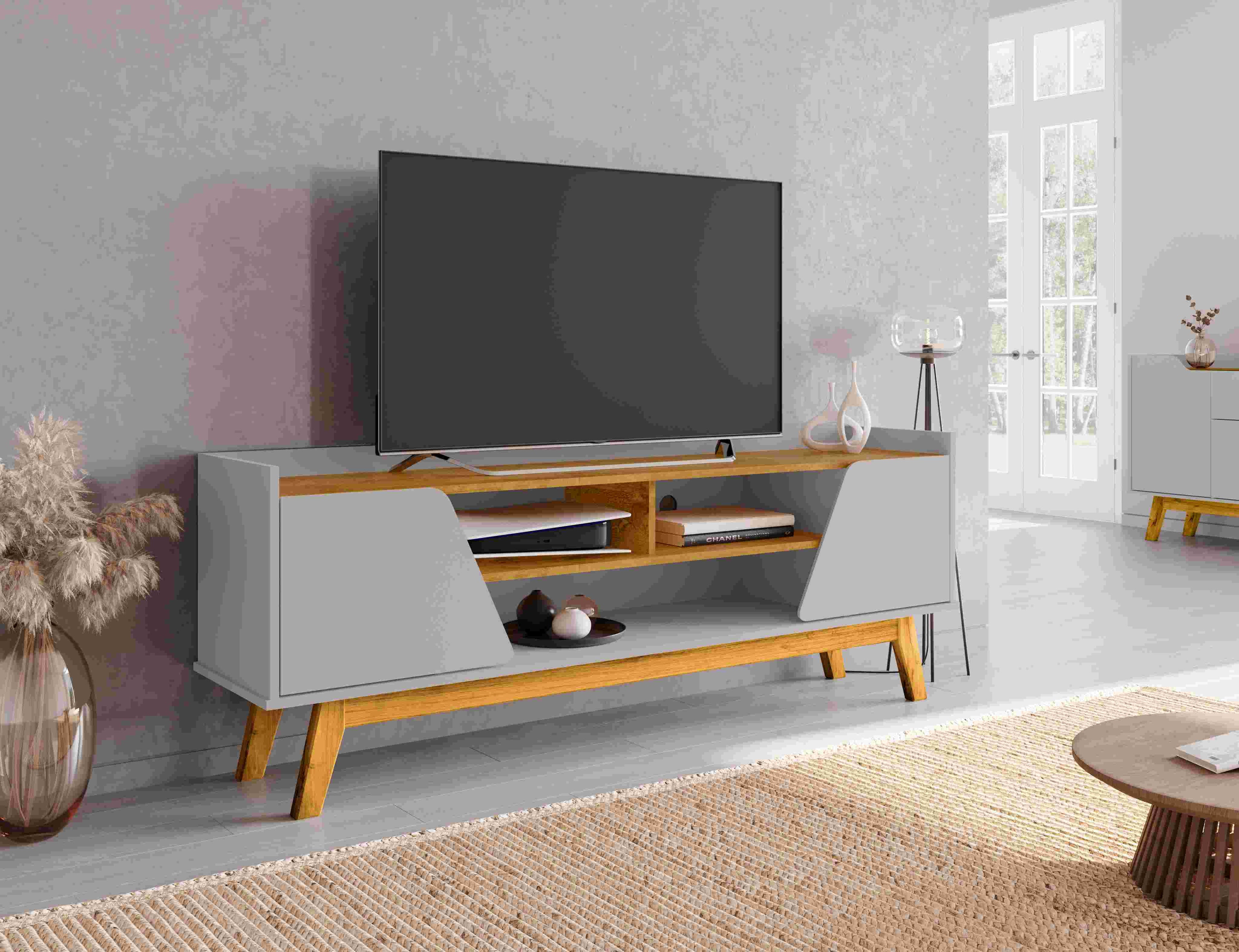 Rack Turim 160 2P3N Off White.Naturale Bechara Moveis