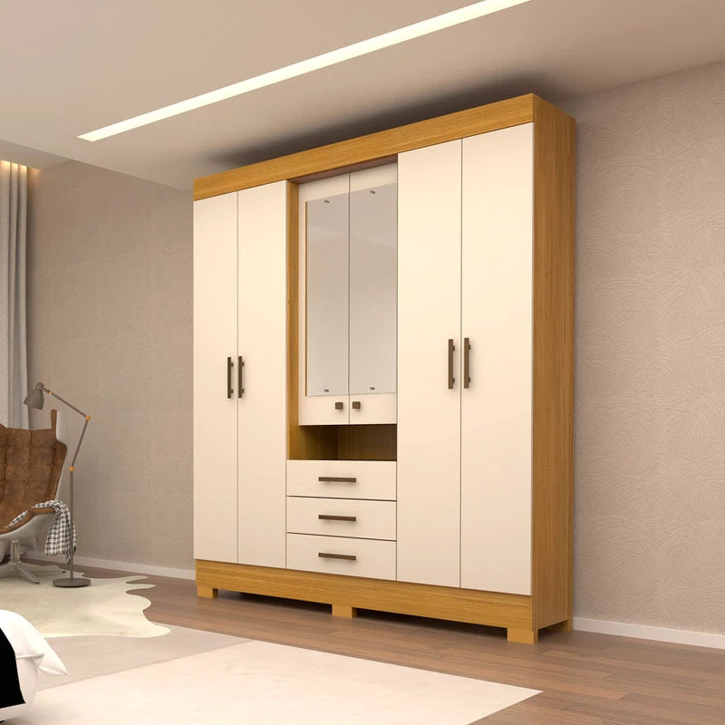 Roupeiro Débora c/Espelho 6 Portas 3 Gavetas 100% MDF Larg. 1.78m Nature/Off ACP - Móveis furniture