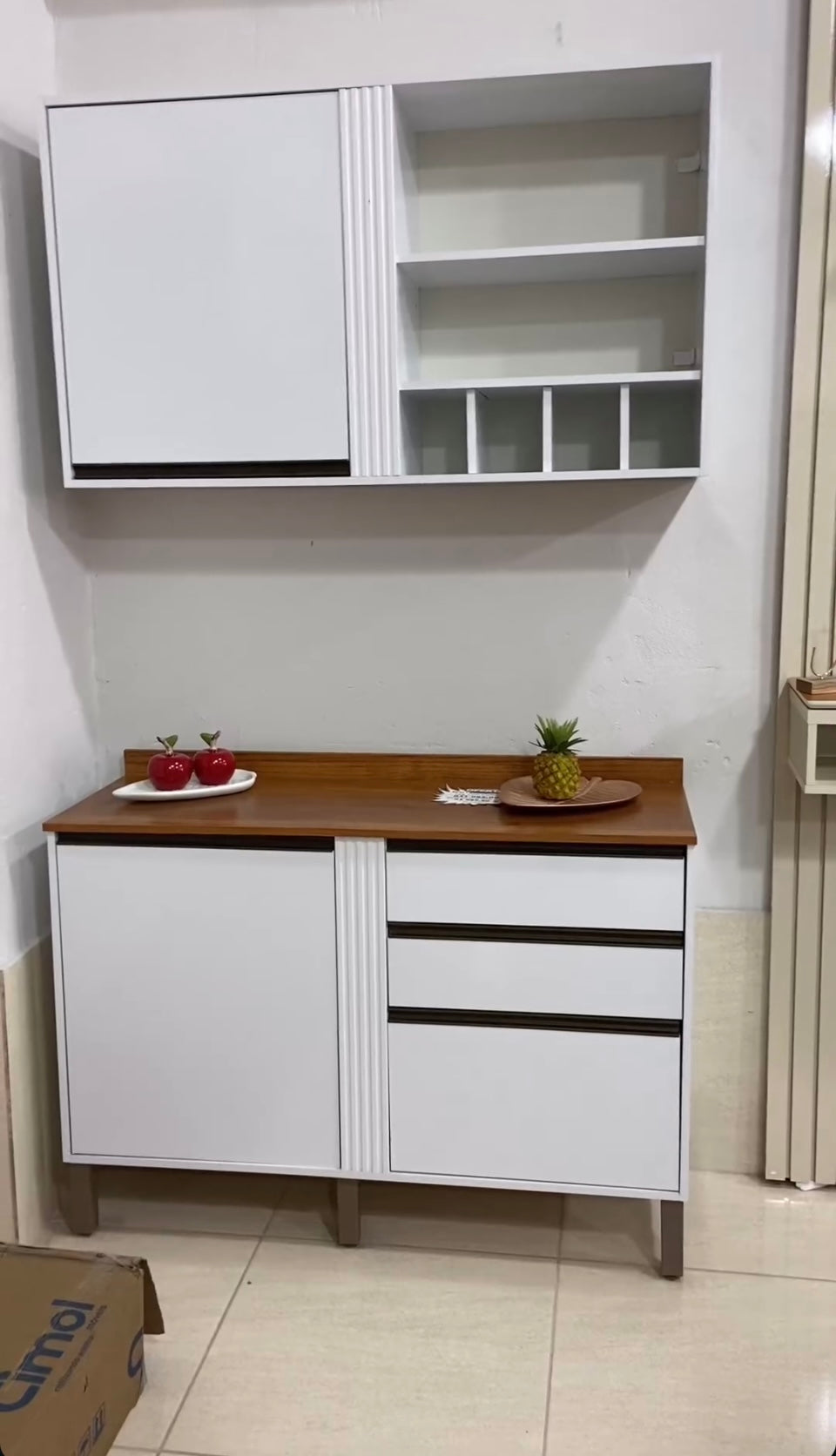 Combo Armário de Cozinha Aéreo 3 portas + Balcão 1.20 Pérola – Cinamomo/branco - Móveis furniture