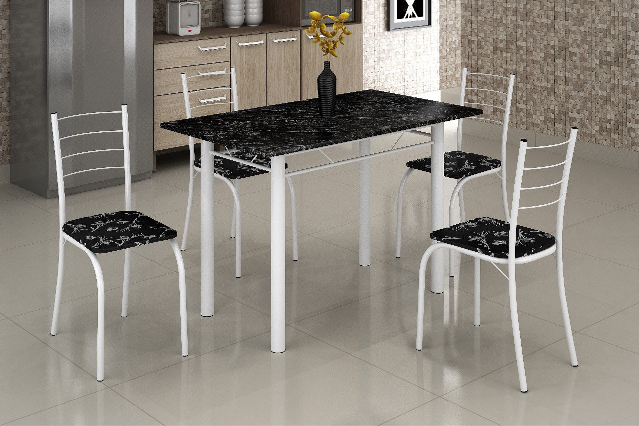 Mesa Rio 100x60 Branco Tmp Pedra Indiana Preto e 4 Cadeiras Rio Branco Lirio Preto Teixeira