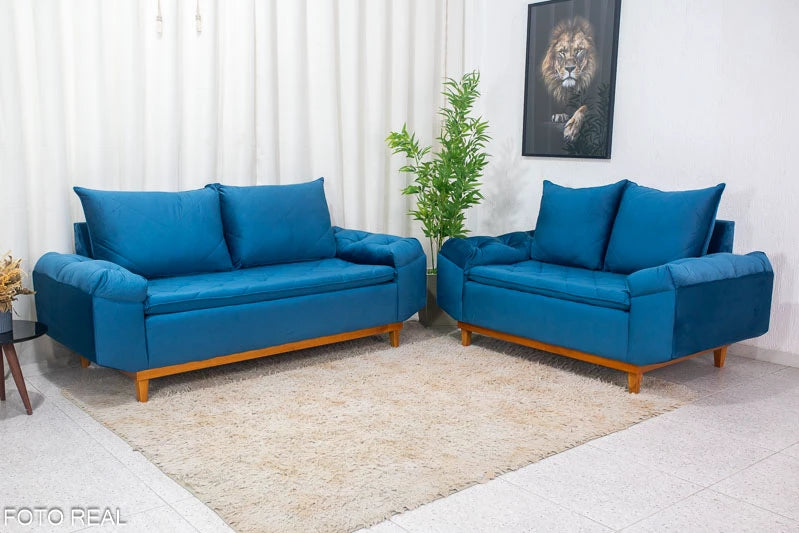 Sofá 3 e 2 lugares Bélgica Veludo Azul - Móveis furniture