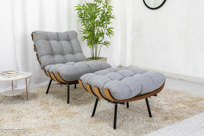 Poltrona com Puff Florença Linho Cinza