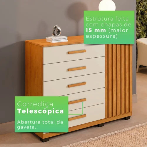 Cômoda 5 Gavetas 1 Porta 122cm Paris Cinamomo/Off-White - Móveis furniture