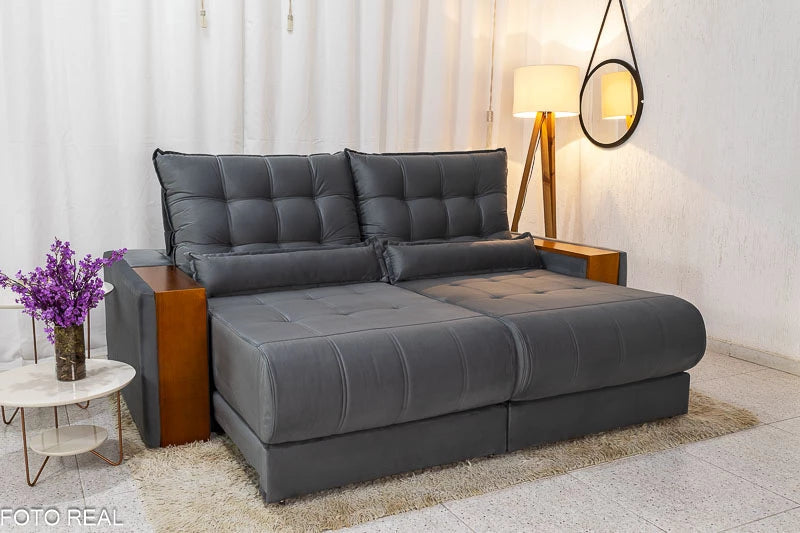 Sofá Retrátil Reclinável 2.30m Gênova Veludo Cinza - Molas Ensacadas