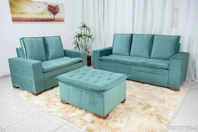 Sofá 3 e 2 lugares França com Puff Veludo Verde A40 - Móveis furniture