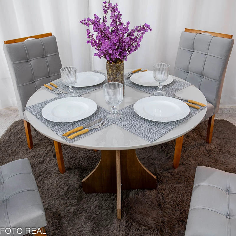 Mesa de Jantar Siena Redonda 100cm Vidro Off/Base Cinamomo + 4 Cad. Londres Veludo Prata Madeira Minas Plac - Entregue Montada