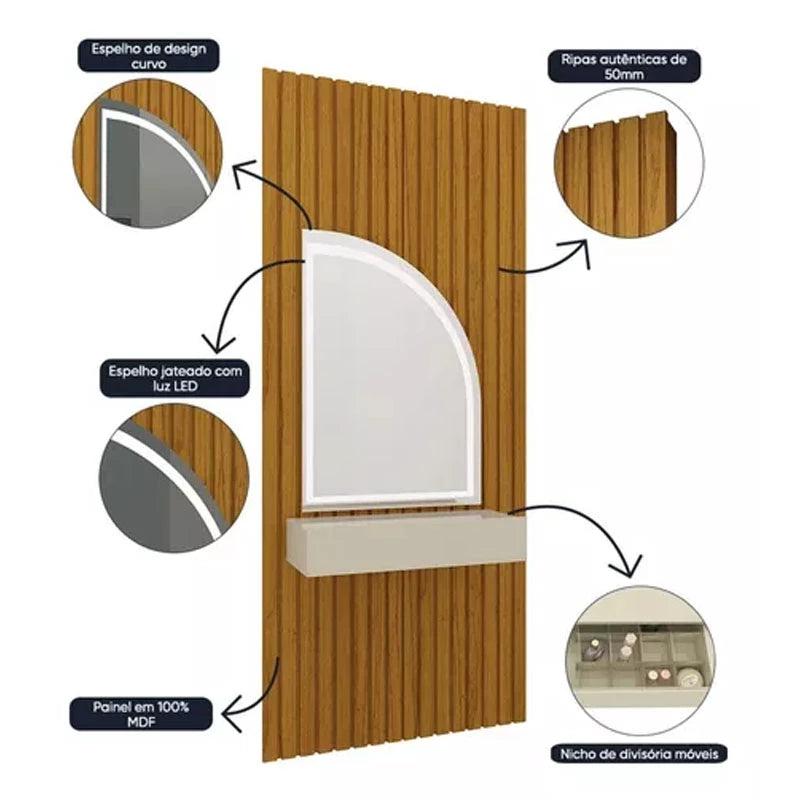 Penteadeira Realeza Ripada Larg. 0.94m C/ Espelho e LED Naturale/Off Gelius - Móveis furniture