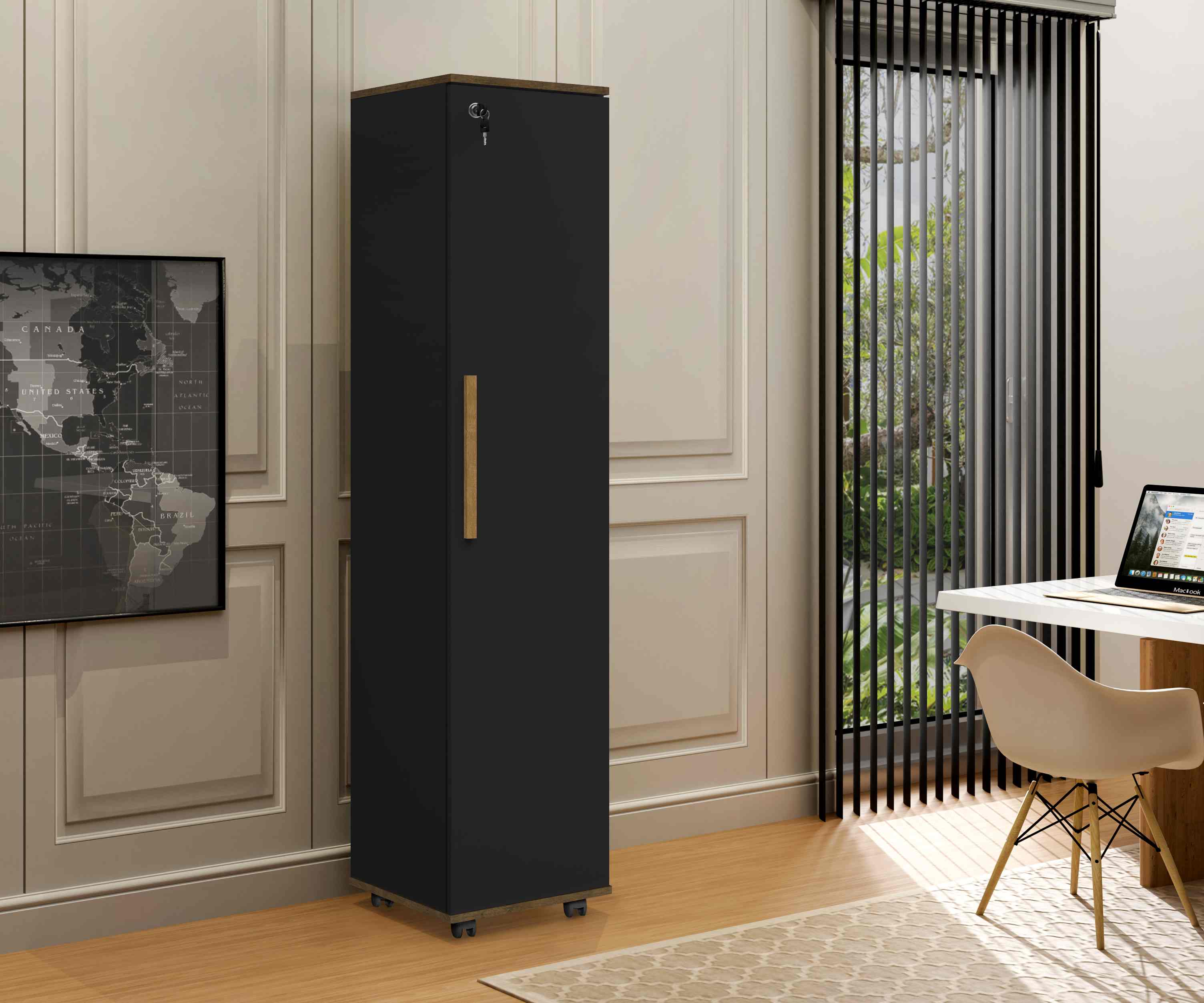 Multiuso Lune com Chaves e Rodizios Preto.Jqtb - Móveis furniture