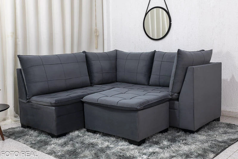 Sofá Canto 5 lugares com Puff Viena Veludo Grafite - Móveis furniture