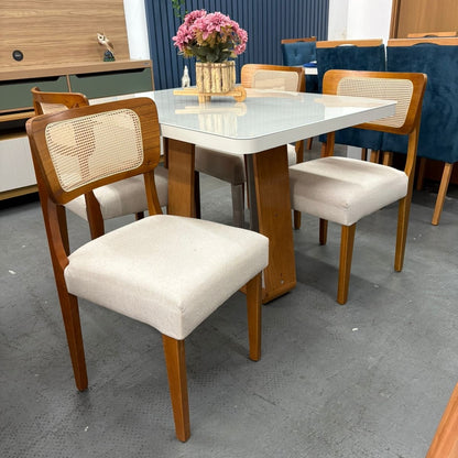 Mesa Sintonia (Tampo Maxi) 120 Amêndoa Clean/Off White com 4 Cadeiras Alasca Linho Bege – LOPAS + HR MOVELARIA