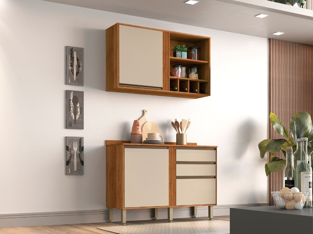 Combo Armário de Cozinha Aéreo 3 portas + Balcão 1.20 Pérola – Cinamomo/Off White - Móveis furniture