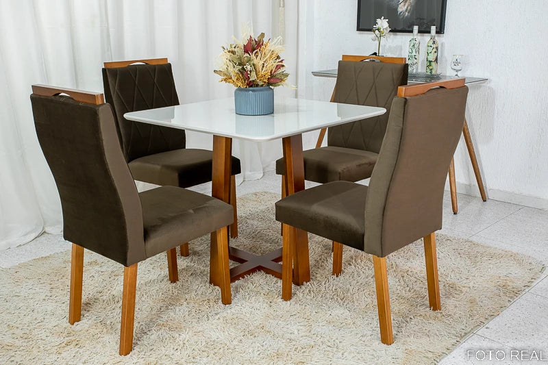 Mesa de Jantar Pedro Mel Tampo Vidro Off 90×90 4 Cadeiras Lisboa Veludo Marrom - Móveis furniture