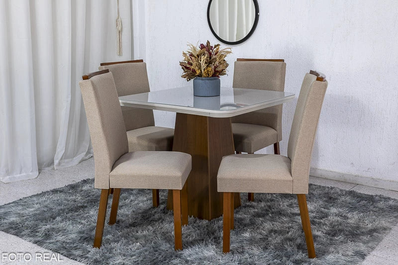 Mesa Jantar Luna Imbuia Tampo Vidro Off Canto Copo 90×90 4 Cadeiras Lunara Linho Bege 07 Madeira Maciça Rufato - Móveis furniture