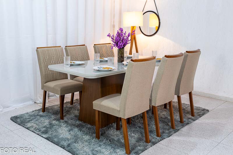Mesa Jantar Luna Imbuia Tampo Vidro Off Canto Copo 180×90 6 Cadeiras Alegra Linho Bege Turim 07 Madeira Maciça Rufato - Móveis furniture