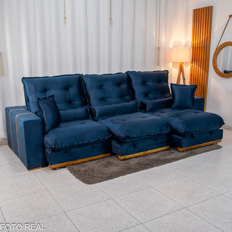 Sofá Retrátil Reclinável Mônaco 3.20m Veludo Azul A16 - Molas Ensacadas