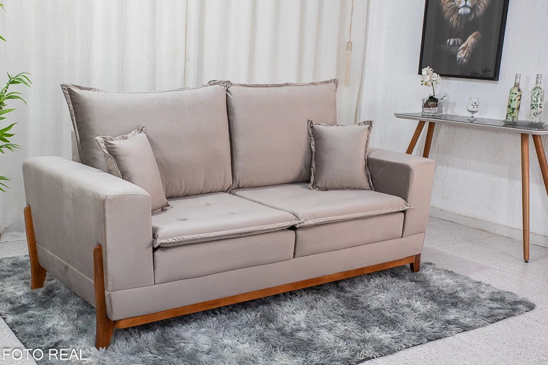 Sofá 3 lugares Havaí Luxo 2.00m Veludo Bege 525 Molas Ensacadas - Móveis furniture