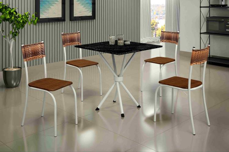 Conjunto Mesa Atlanta 70x70 Branco Tmp Pedra Indiana Preto e 4 Cadeiras Atlanta Branco.Carvalho Teixeira