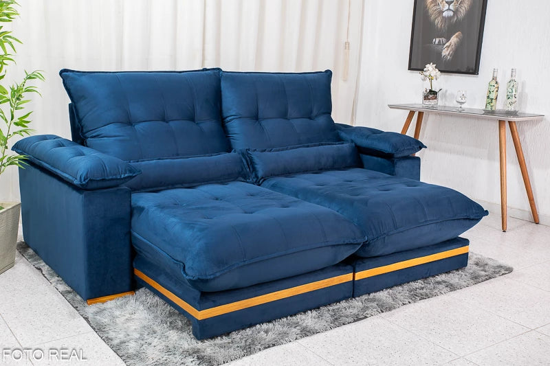 Sofá Retrátil Reclinável Ibis 2.30m Veludo Azul 800 - D33 e Molas Ensacadas - Móveis furniture