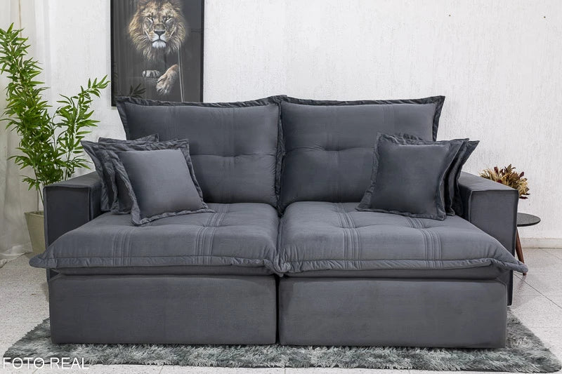 Sofá Retrátil Reclinável Ferrara 2.50m Veludo Cinza 20 D33 e Molas Ensacadas - Móveis furniture