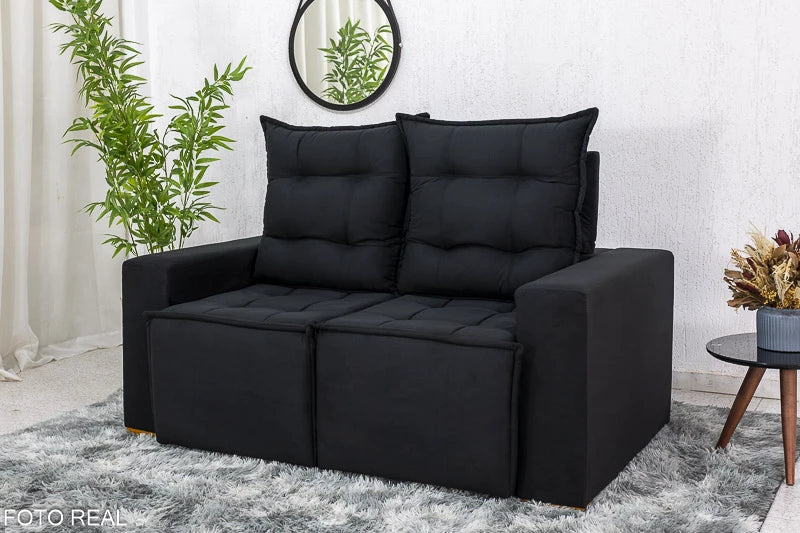 Sofá Retrátil Reclinável 1.60m Rafaela Veludinho Preto - Móveis furniture