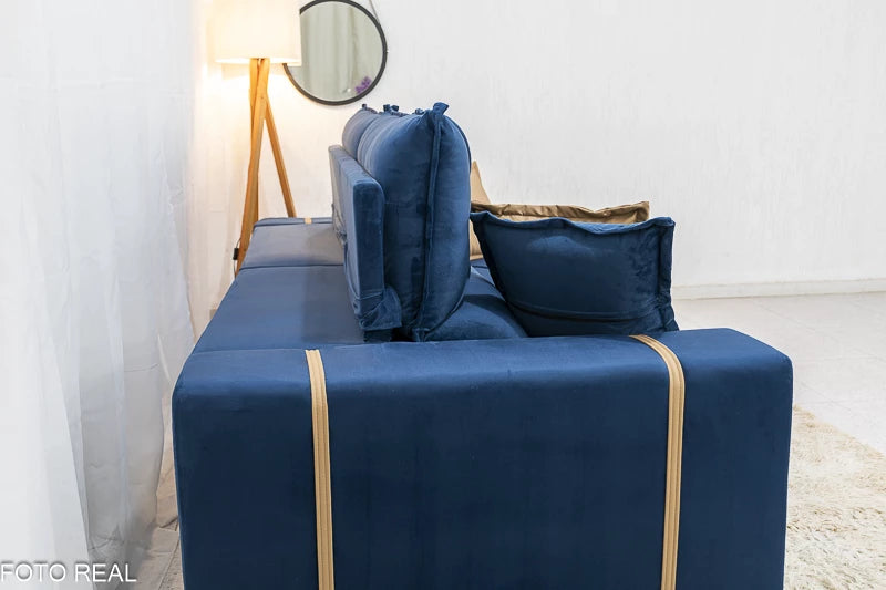 Sofá Retrátil Reclinável 2.30m Gran Bello Veludo Azul - D33 e Molas Ensacadas
