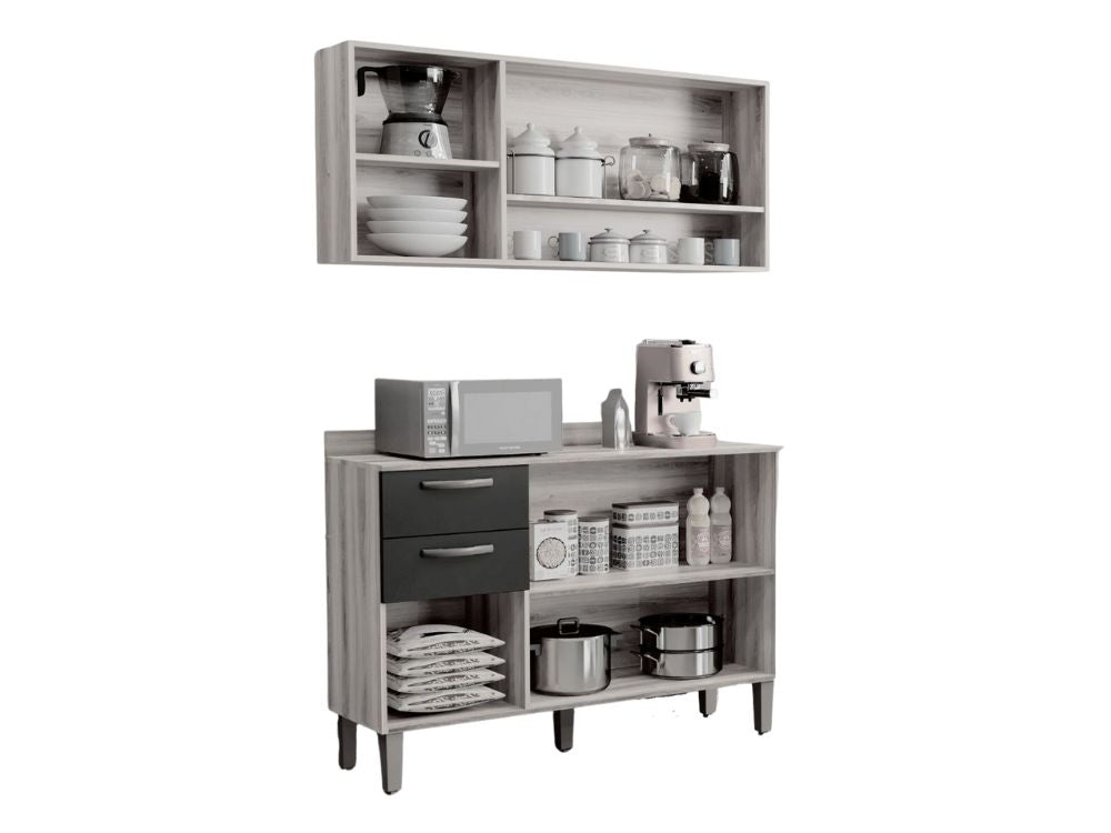 Combo Armário de Cozinha Aéreo 3 portas + Balcão 1.20 Valência – Carvalho/Grafite - Móveis furniture