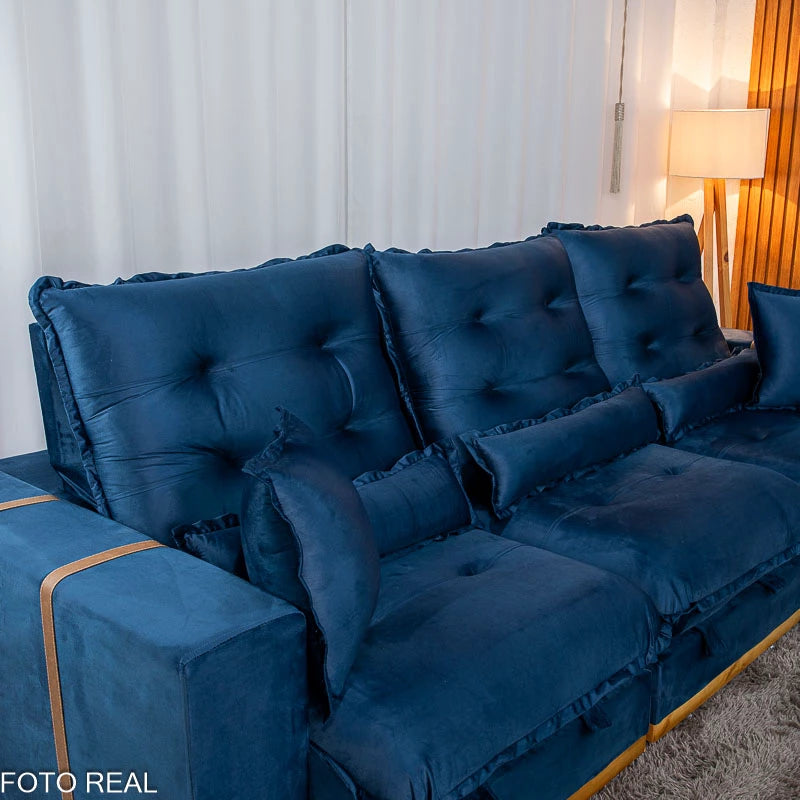 Sofá Retrátil Reclinável Mônaco 3.20m Veludo Azul A16 - Molas Ensacadas