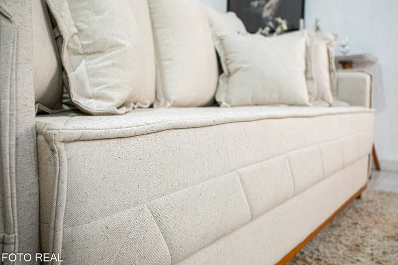 Sofá 3 lugares Vican Linho e veludo Bege  Larg. 2.00m - Molas Bonnel