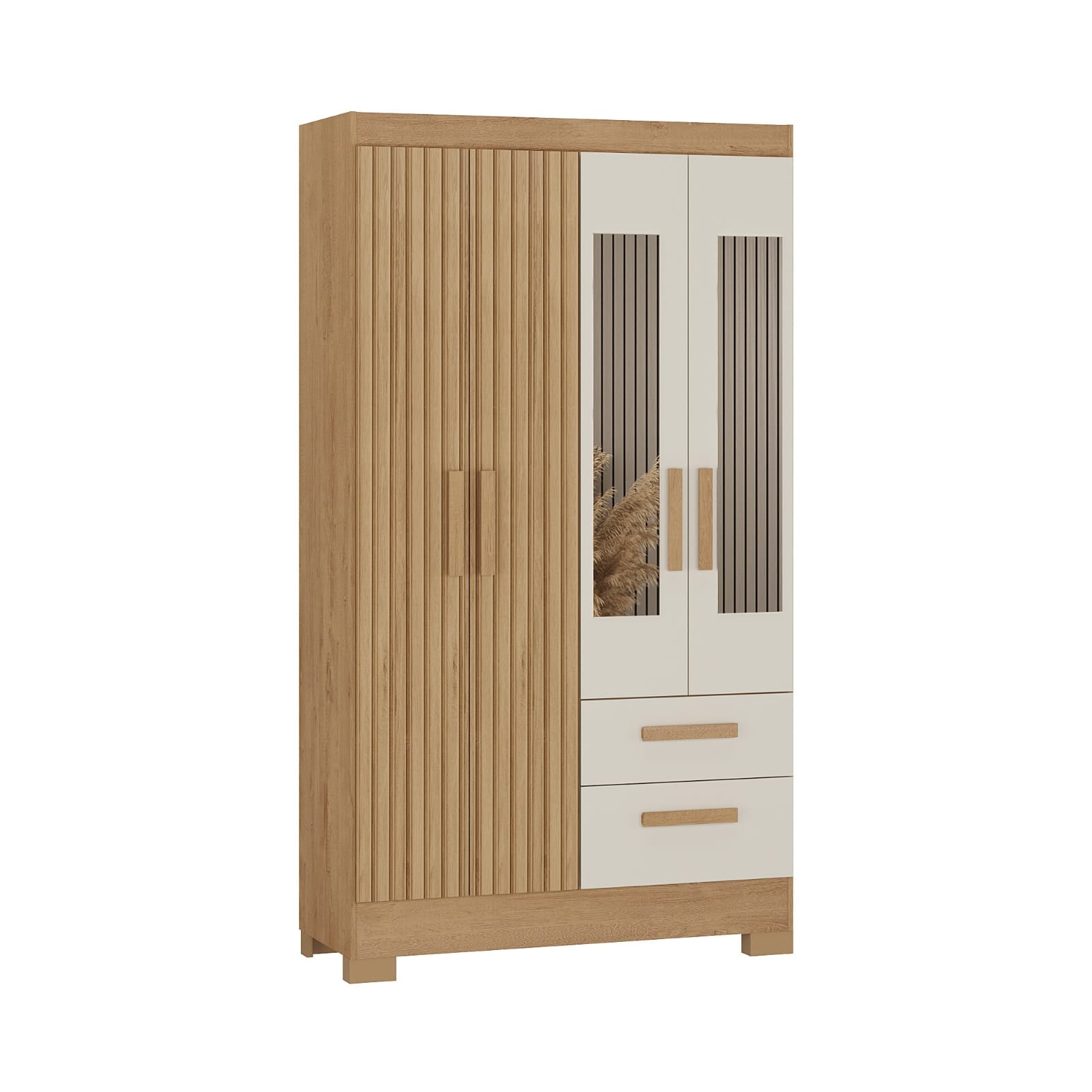 Roupeiro Fortaleza Plus 4P2G com Pes e Espelhos Canelato Rustico 3D.Canelato Natura.Off White Atualle Moveis