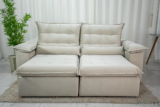 Sofá Retrátil Reclinável 2.90mEmanuelly Veludo Bege - Móveis furniture