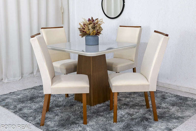 Mesa Jantar Luna Imbuia Tampo Vidro Off Canto Copo 90×90 4 Cadeiras Lunara Veludo Creme Madeira Maciça Rufato - Móveis furniture