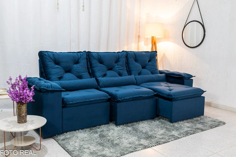 Sofá Retrátil Reclinável 2.70m Texas Veludo Azul - Móveis furniture