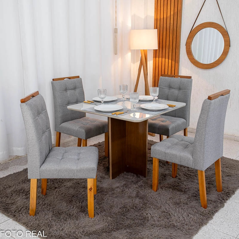 Mesa de Jantar Moscou 90x90 Cinamomo/Off Tampo Vidro Off 4 Cadeiras Londres Linho Cinza Madeira Maciça Minas Plac